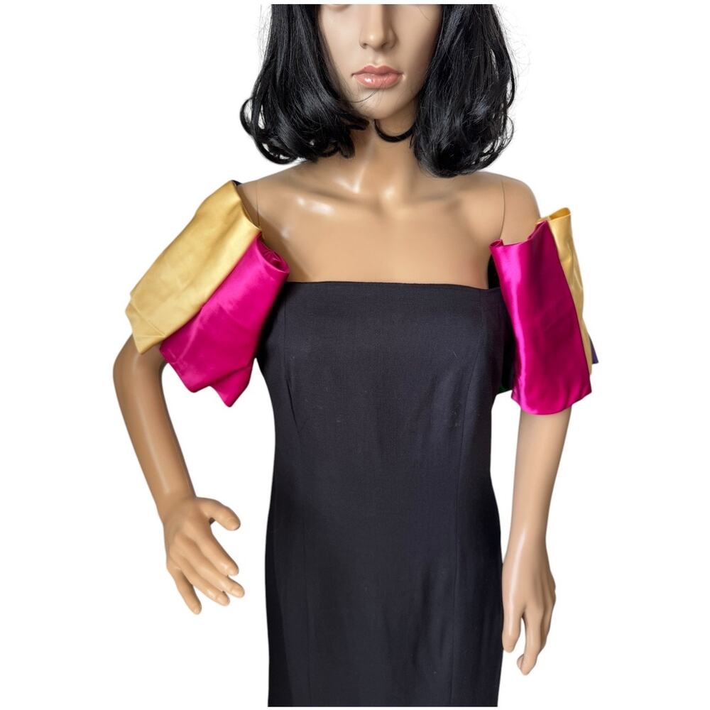 Vintage 80's black with off shoulder multi colors puff satin sleeves size s-m - Picture 12 of 16